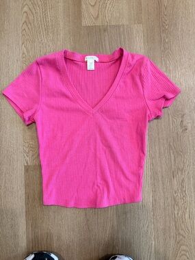 Bozzolo Hot Pink Ribbed V-Neck Short Sleeve Top